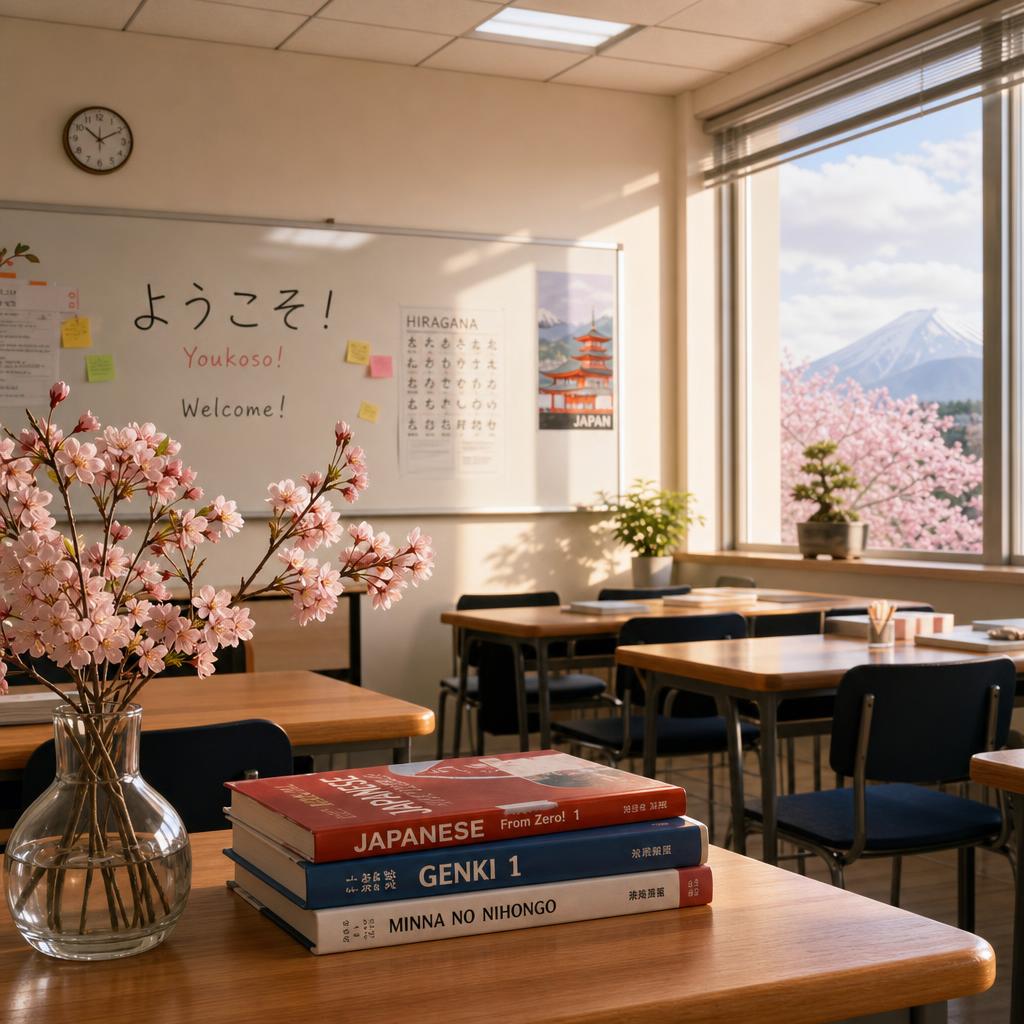 Students learning Japanese in a bright, modern classroom
